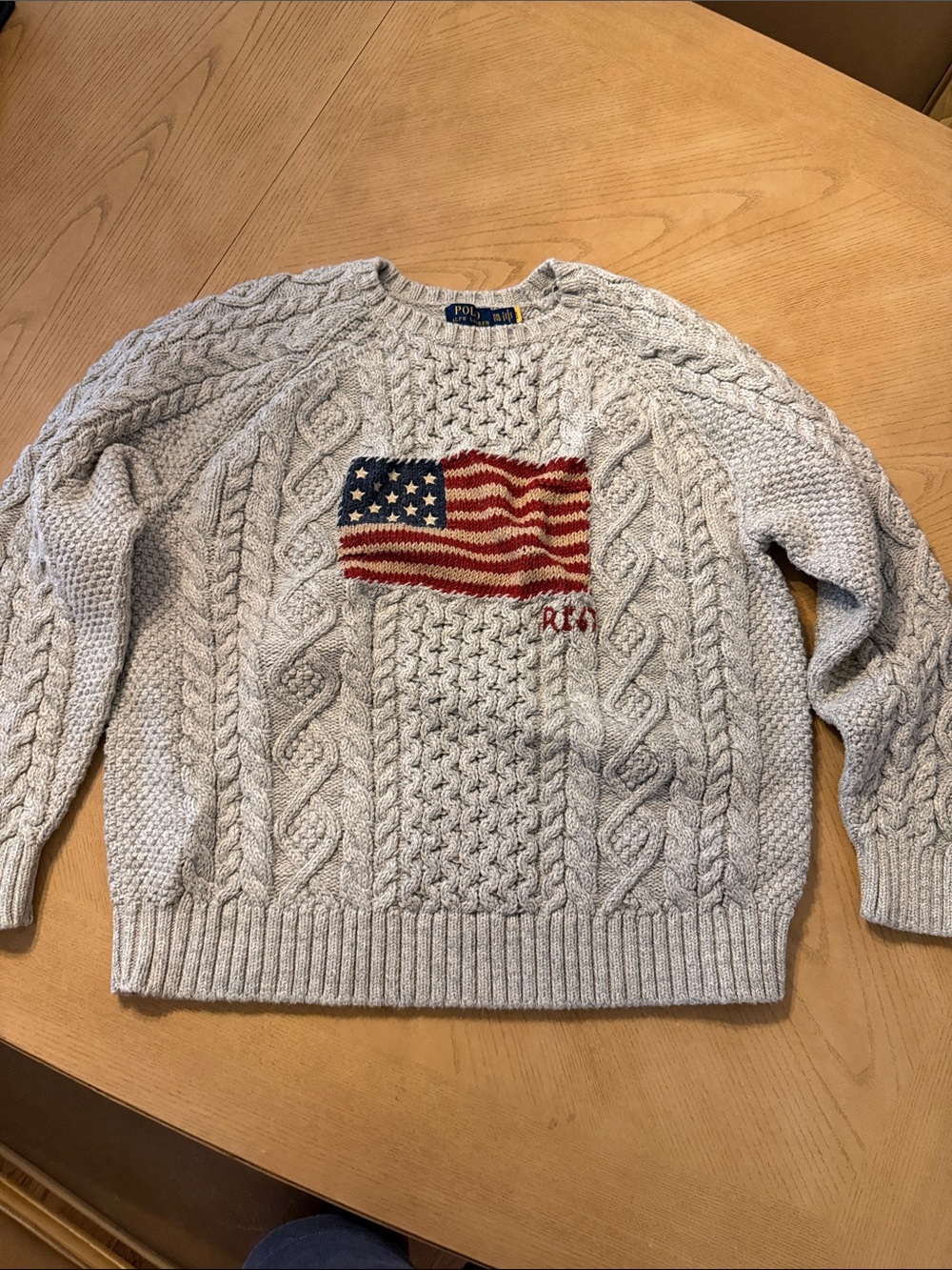 Polo by Ralph Lauren Light Gray Cable Knit Crewneck with American Flag